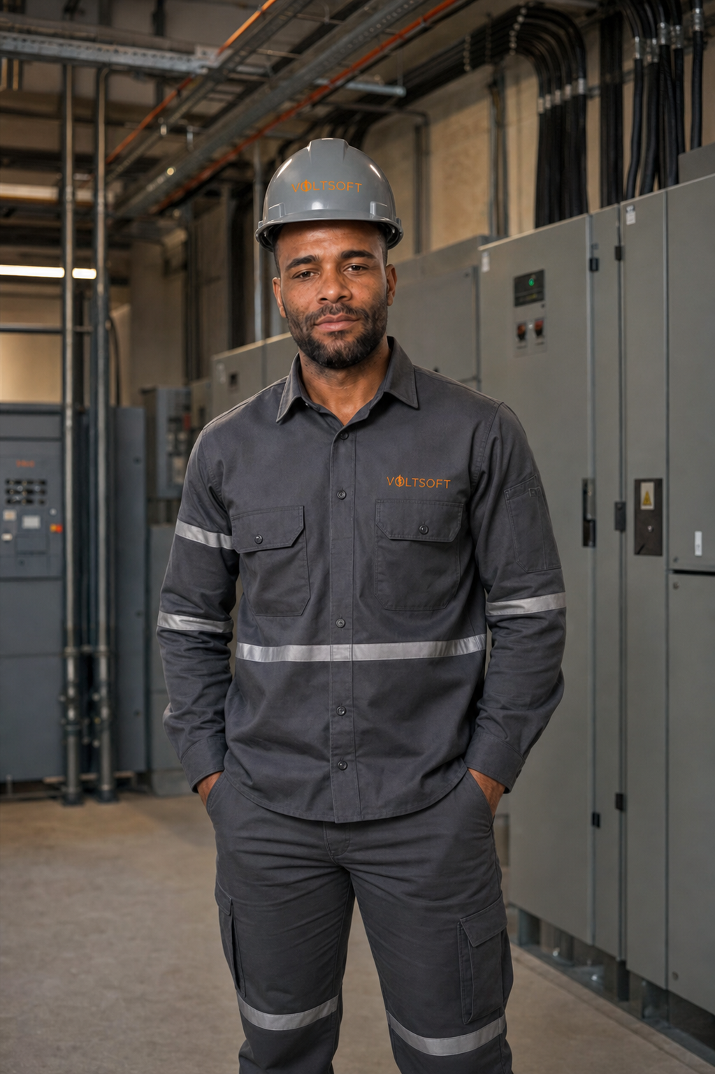Alaf Cristiano, eletricista da Voltsoft com uniforme antichama